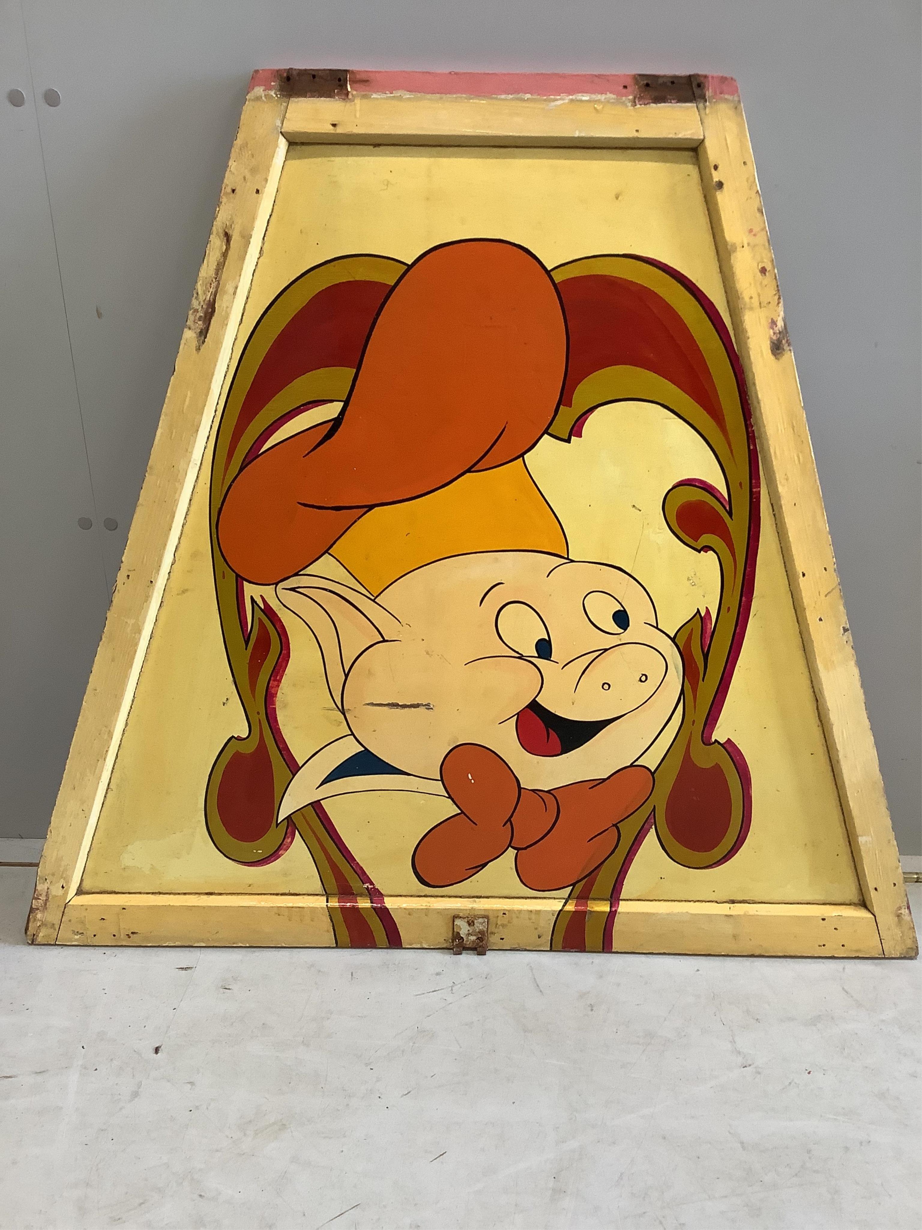 A mid century “Porky Pig” painted wood fairground carousel panel of tapered rectangular form, width 104cm, height 94cm. Condition - fair